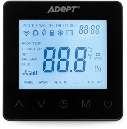 Adept Technology T5100 Modern Programmable Thermostat – Underfloor Heating Controller with Large Screen, 4 Daily Heating Periods, Open Window Detection, Anti-Freeze Mode and Sensor Compatible, Black
