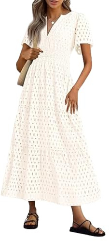 Summer Maxi Dresses for Women UK Wedding Guest Dress Short Sleeve Casual Boho V Neck Hollow Out Eyelet Ruffle Swing A Line Cotton Long Flowy Beach Vacation Evening Dresses