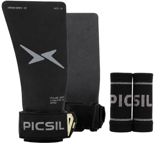 PICSIL Heron Grips, Maniques Hybride 3-Couches, Gym & Fitness | Construction aramide 3 couches pour une prise adaptative. Usage avec/sans magnésie. Inclus 2 poignets et sac mesh.