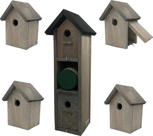 Garden Spirit Vogelhaus Set – 5 Nistkästen aus Holz mit Pindakaushalter, für kleine Vögel, FSC-Zertifiziert, grau mit schwarzem Dach, einfache Reinigung und Montage