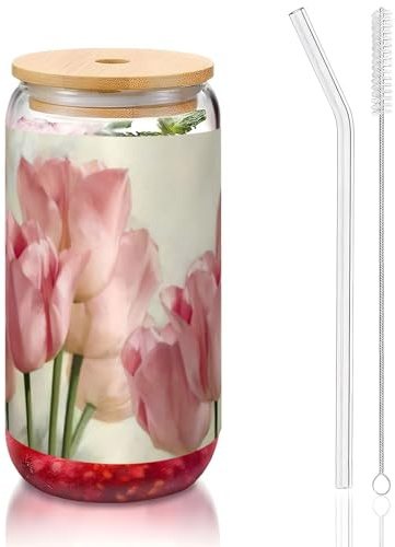 JEJEA Vasos de cristal de tulipanes rosas con tapas de bambú y popotes, taza de café, tazas en forma de lata, vasos, cócteles, transparentes