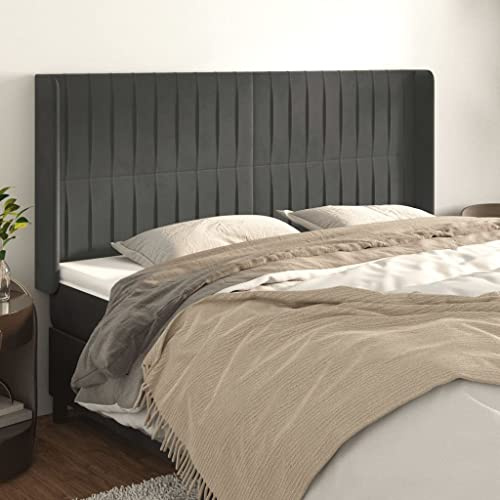 Qnhdfrt Kopfteil mit Ohren aus Samt 163x118/128 cm Dunkelgrau Höhenverstellbare Bettrückenlehne mit massiven Lärchenholzbeinen Modernes Wandkissen für Schlafzimmer