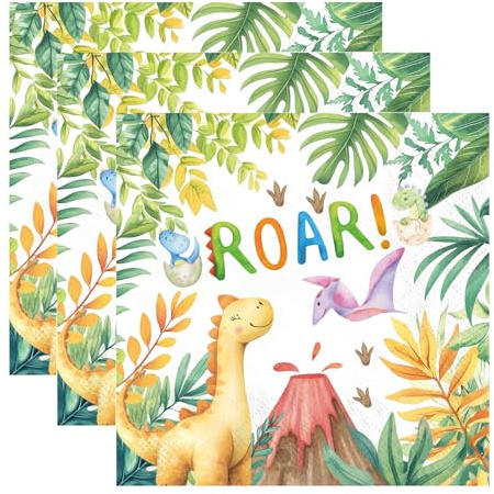40 Stück Dino servietten kindergeburtstag, 33x33cm Dino geburtstag deko servietten grün, für Junge Mädchen Geburtstags Party Deko