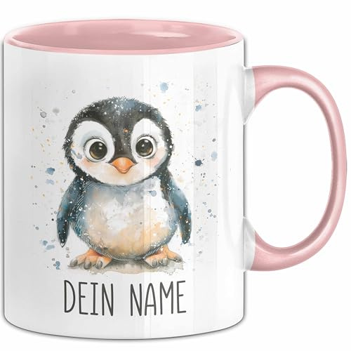 Pinguin Tasse mit Namen – Personalisierte Tasse Geburtstag Geschenkidee süßes Tiermotiv Namenstasse (Rosa)