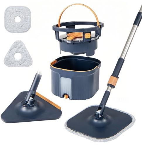 COSTWAY Ensemble Balai Serpillière Seau Essoreur, Têtes Plates Carrée Triangulaire Auto-essorantes, 3 Lingettes en Microfibre Lavables Réutilisable, Nettoyage Rapide (Pro Balai-2 Têtes)