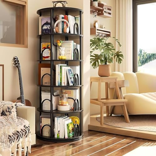 5-Tier Rotating Bookshelf, 360° Corner Spining Bookcase, Round Revolving Book Shelf, Wooden Book Shelf Organizer Display Rack for Bedroom, Living Room, Study, Office, Kids Room (Black, 5 Tier)