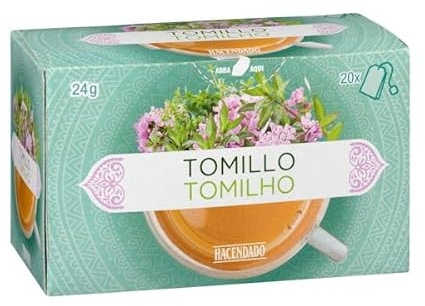 Hacendado Infusion de Thym, Sachet Pyramide, Sans Caféine, 24g, 20 Sachets. Pack de 4