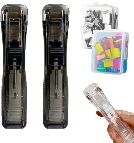 Portable Binder Clip Stapler with 100 Reusable Clips, Handheld Paper Clamp Dispenser, Mini Push Stapler for Desktop Document Home School Office (B)