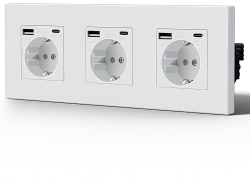 BSEED Enchufe Pared con USB C,Enchufe Estándar de Plástico,Toma de Pared Empotrada,Instalación horizontal y vertical,Protección Infantil,M Serie,3 Enchufe USB C,228mm Blanco