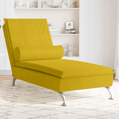 PHGTYUK Massage-Chaiselongue mit Nackenrolle Gelb Samt Vibrationsfunktion und verchromten Metallbeinen für Stabilität und Elegante Wohnzimmer Ergänzung