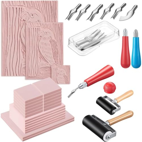 Hipzeepo Linolschnitt-Set für Druckgrafik, 6 Linoleumblöcke À 2 X 2, 6 Stück À 4 X 6, 2 Blöcke À 6 X 8, 2 Messer und 2 Rollen, zum Selbermachen