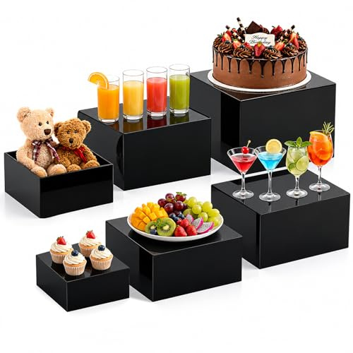 BEZORR 6 Pcs Black Display Stands for Food and Cake, Buffet Risers, Acrylic Display Boxes, Dessert Stands for Buffet Table Display, Cupcake Tower, Cake Stand, Jewelry Show(8 + 7.5 + 7+6.8+6+5)
