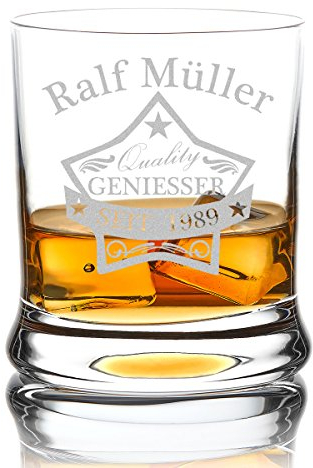 Verre à Whisky Personnalisé 330 ml - Tumbler pour Whiskey, Scotch et Co - Cadeau pour homme avec gravure du nom et de l'année - Motif Quality Stern