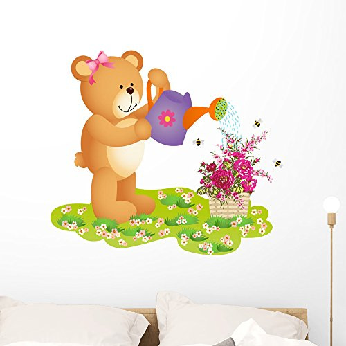Wallmonkeys Teddy Bear Watering Flowers Wall Decal Peel and Stick Floral Graphic (36 in W x 33 in H) WM264650