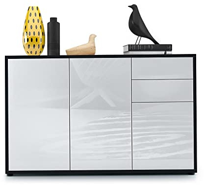 Vladon Sideboard Ben V3, Kommode mit 3 Türen und 2 Schubladen, Schwarz matt/Weiß Hochglanz (117 x 74 x 36 cm)