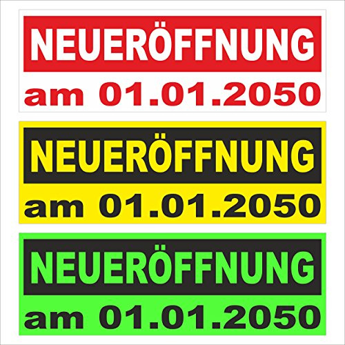 Neu-eröffnung mit Datum – freie Farbwahl – 250x70cm - stabile 520g PVC Werbe-plane – in 3 Größen (150x50cm, 250x70cm, 300x100cm) verfügbar – P00002-006-2500x700-RV