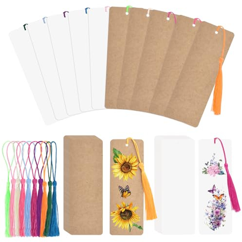 WANDIC Blanko Lesezeichen, 60 Weiße&Braune Leeres Lesezeichen, 60 Bunte Quasten mit Loch, Sublimation Rohlinge Set für DIY Handwerk Geschenkanhänger