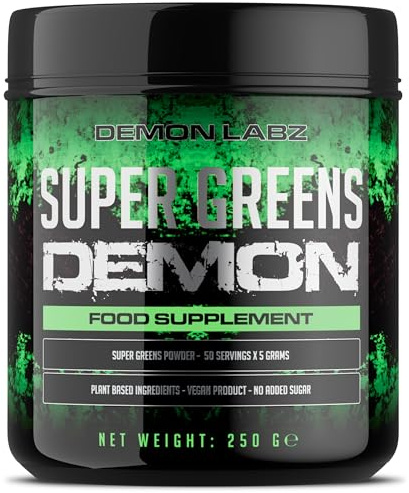 Demon Labz Super Greens - Grüne Helfer Pulver, Vegan, 250g | Grüne Helfer Pulver mit 15 Superfoods - ein veganes Greens Pulver zum Einrühren in Wasser, Saft oder Smoothie.