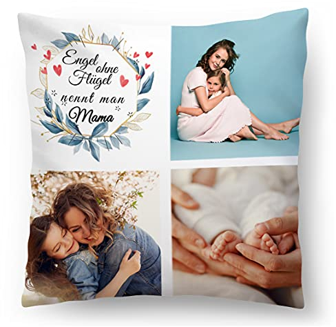 Ferocity Personalisiertes FOTOGESCHENK mit eigenem Foto (45 x 45 cm) Foto-Kissen mit Deinem Foto & Text Bedrucken Geschenk Muttertag, Geburtstag (mit Füllung) Engel Mama [091]