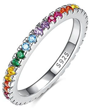 Emmie Jewelry Eternity Ring 925 Silber mit Bunte Zirkonia Steine | Damenring mit Regenbogen-Steinen rundherum | Rainbow Ringe für Damen, Frauen Schmuc