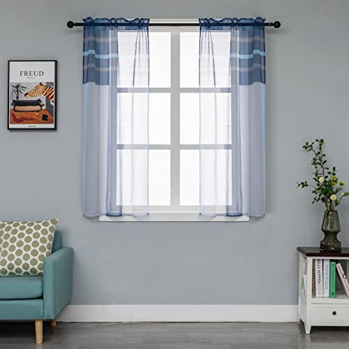 GIRASOLE HOME Coppia Tende Voile Semi Trasparenti a Righe Tenda per Soggiorno Camera Cameretta Cucina e Interni 2 Pannelli con Tasca (70x138cm, Blu+Grigio)