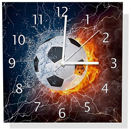 Wallario Design Wanduhr Fußball - Feuer und Wasser aus Aluverbund, Alu-Uhr Größe 30 x 30 cm, weiße Zeiger mit Metalloptik