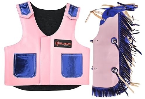 HILASON Junior Youth Bull Riding Pro Rodeo Leather Protective Vest Chaps Pink with Blue
