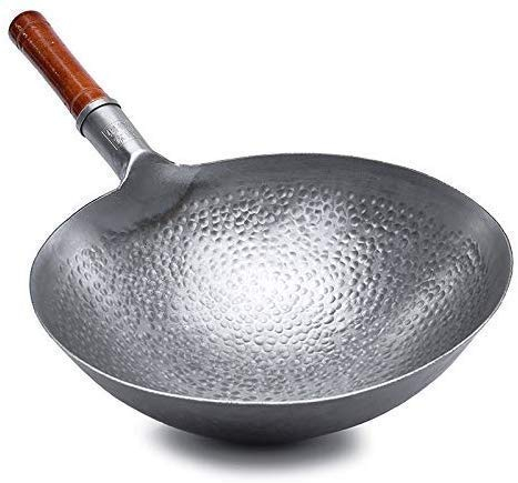 Wok de acero al carbono presazonado, Wok de hierro forjado a mano, Wok de acero al carbono martillado a mano tradicional chino profesional con mango auxiliar de madera y acero de olmo de primera cal