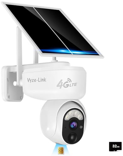 Vyze-Link Cámara de Vigilancia Inalámbrica 4G LTE Exterior con Tarjeta Sim, 360° Cámara Seguridad con Panel Solar y Batería, Detección Movimiento, Visión Nocturn, Audio Bidireccional