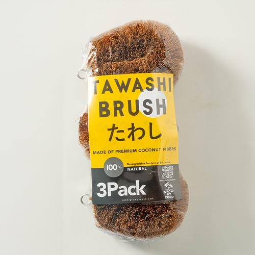 GrowByCoco Pack of 3 Tawashi Vegetable Scrub Brush,100% Natural Coconut Coir Fiber VegetableBrush, Ideal for Fruit Scrub, Kitchen Cleaning Needs, Kamenoko Japanese Design