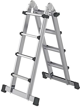 PROREGAL Teleskopleiter | 4-teilig | mit Traverse | 4x4 Sprossen | Leiter, Teleskopleiter, Trittleiter, Bockleiter, Sprossen-Doppelleiter