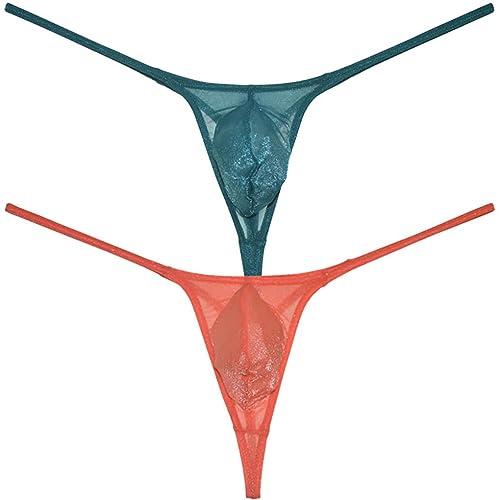 Jaxu Men's Gloss C-thru Micro String Thong Underwear Contoured Pouch Grape Smugglers Mesh Stretchy Underpants Sheer Lingerie 2-Pack(Dark Green,Orange) XL