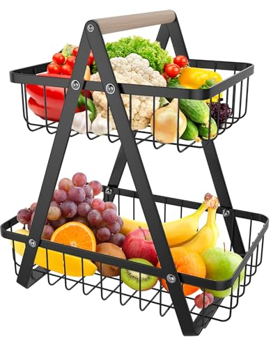 SUBTLETY Cesta de frutas de metal de 2 pisos con asa de madera, moderno frutero para verduras, frutero de pie, 27 x 17 x 30 cm, frutero de cocina, almacenamiento para verduras, frutas, aperitivos