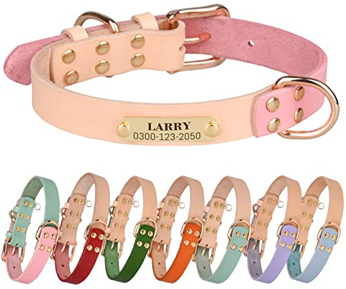 Yonsbox Hundehalsband Leder personalisiert mit Gravurplatte – Individuelles Echtleder Hundehalsband mit Namensschild & Telefonnummer, Geräuschloses Halsband für Hunde, Verstellbar & Robust