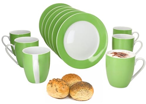 MamboCat Variant Service de petit-déjeuner 12 pièces Vert I 6 petites assiettes et 6 tasses à café de 350 ml, hauteur 10,3 cm pour 6 personnes I Tasse, assiettes à gâteau I Vaisselle en porcelaine
