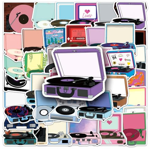 50 Pcs Record Player Stickers Waterproof Funny Music Stickers for Water Bottle Laptop Skateboard Computer Guitar Car Phone Luggage Bike,Vinyl Cute Trendy CD Record Player Sticker for Teens Adults