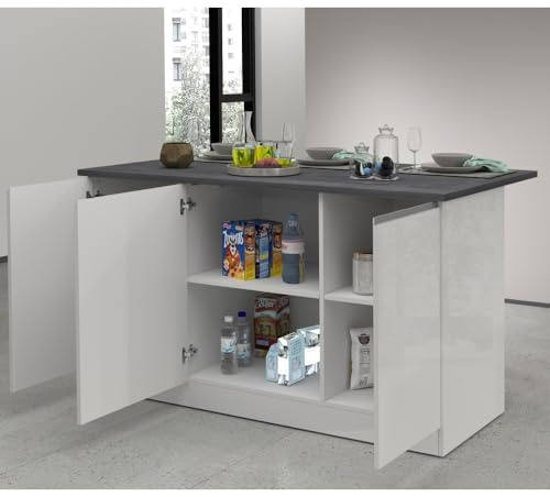 VE.CA – Isla de cocina Clarissa con encimera 90 x 155 x 90 cm, fabricado en Italia, mueble de cocina moderno, aparador con 3 puertas – Ideal como mesa de comedor – Color blanco brillante/informe