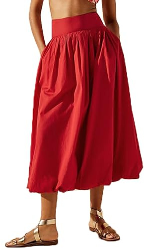Acrawnni Women Y2k Bubble Maxi Skirt Low Elastic Waist Ruffle Pleated A-line Long Skirts Summer Beach Loose Fit Cute Puffball Balloon Skirt (A-Red, L)