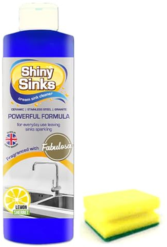 Shine Sinks Lemon Sherbet (250 ml), a Superb Cream Cleaner for use on Ceramics, Sinks and Basins with Degreaser Sponge
