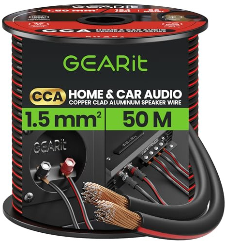 GEARit 2x1.5mm² Speaker Cable 50m, 16 Gauge Speaker Wire with Polarity Markings, 16AWG Copper Clad Aluminum CCA Audio Cable for In-Wall Home Cinema, Car Audio Stereo, HiFi Surround Sound(Black)