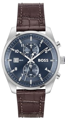 BOSS Reloj Cronógrafo de Cuarzo para Hombre Colección SKYTRAVELLER con Correa de Cuero Marrón Oscuro - 1514194