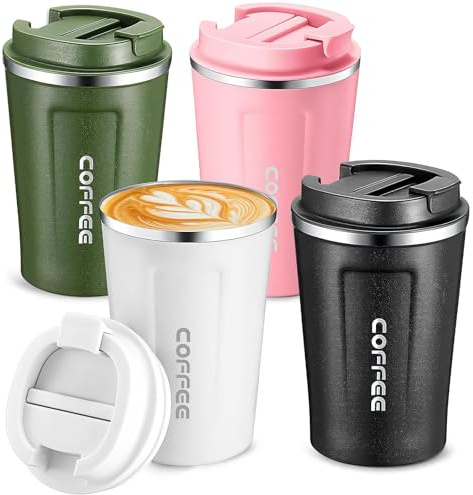 LYCN 4 Pack Travel Coffee Cup, Insulated Mugs with Lids, 380 ml /13 oz | Reusable Hot Drink Cups Multiple Pack, Double Walled Vacuum Tumblers, with Spill Proof Leak Proof Lids, for Camping Gym