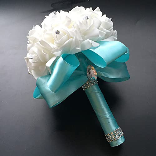 Anevous Brautstrauß mit Blumen, künstliche Blumenstrauß Romantischer Rosenstrauß Blumenstrauß mit Band, Gefälschte Rosen Blumen für Hochzeit Braut oder Brautjungfern,Blau