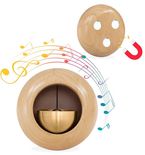 Magnetic Wooden Doorbell Chime – Brass Shopkeeper Bell for Doors – Magnetic Entry Alert Bell for Home, Store, Office – Wooden Door Chime with Adhesive