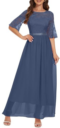 Wedtrend aftonklänning elegant för bröllop, elegant maxi, spetsklänning, rund hals, cocktailklänning, chiffongklänning med utsvängda ärmar, Gråviolett, XL