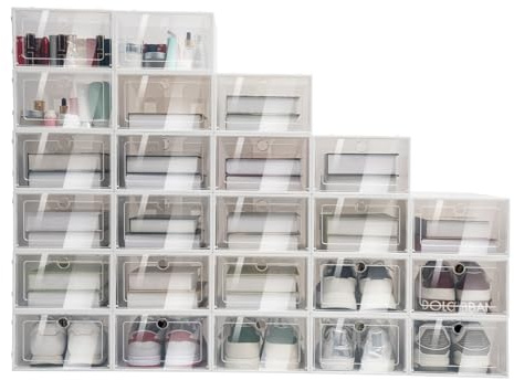 HauTour Schuhboxen Stapelbar Transparent 24er Set Schuhbox Hartplastik Schuhkarton mit Deckel Platzsparend für Schuhe bis Größe 44, 33 x 23 x 14 cm Weiß Schuhorganizer