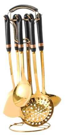 MagiDeal Juego de Utensilios de Cocina de 7 Uds con Soporte Giratorio para encimera, Herramienta de Cuchara Grande, Espumadera Antiadherente, Utensilios de, Negro