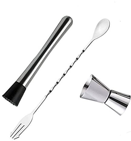 Cocktail Muddler Set, cocktail Mélanger Spoon Muddler et 15 ml 30ml Jigger en acier inoxydable Bar outils pour les réunions d'amis et les fêtes de la maison