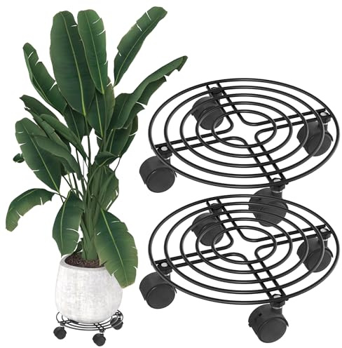 YRHome 2 Stück Pflanzenroller Metall Blumenroller Schwarz für Außenbereich & Innenbereich Blumentopf Untersetzer mit Rollen Pflanzen Caddy mit Rädern Pflanze Roller Basis - Rund Ø30cm - Bis 150KG