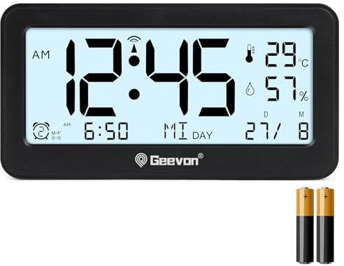 Geevon DCF Wecker Digital, Funkwecker mit großem LED Display Temperatur und Luftfeuchtemesser für Schlafzimmer Bad und Wohnzimmer, Moderne Gestaltung, (347 Schwarz mit Batterie)